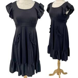 Vintage 70s Ruffled Pockets Mini Dress Black Fit & Flare Ruffles Scoop Womens XS
